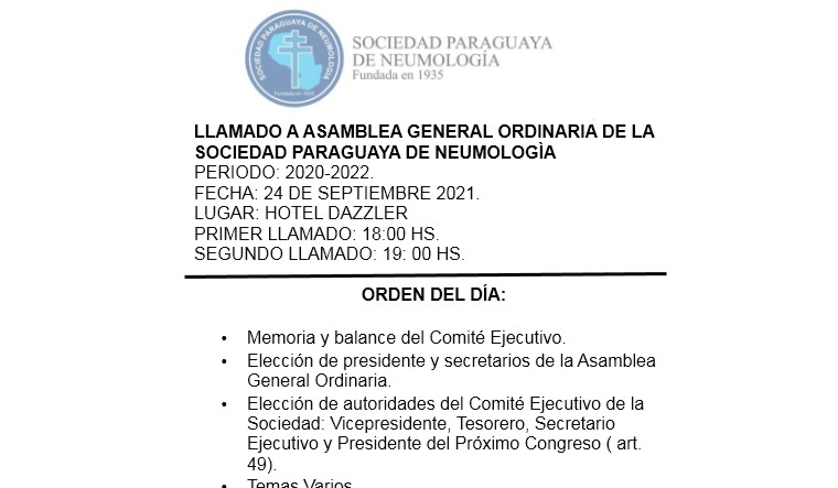LLAMADO A ASAMBLEA GENERAL ORDINARIA DE LA  SOCIEDAD PARAGUAYA DE NEUMOLOGÌA